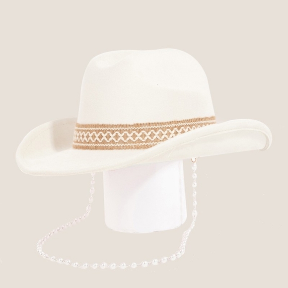 Lovely Rosetta Accessories - Stylish Ivory Cowboy Hat with Beaded Chain